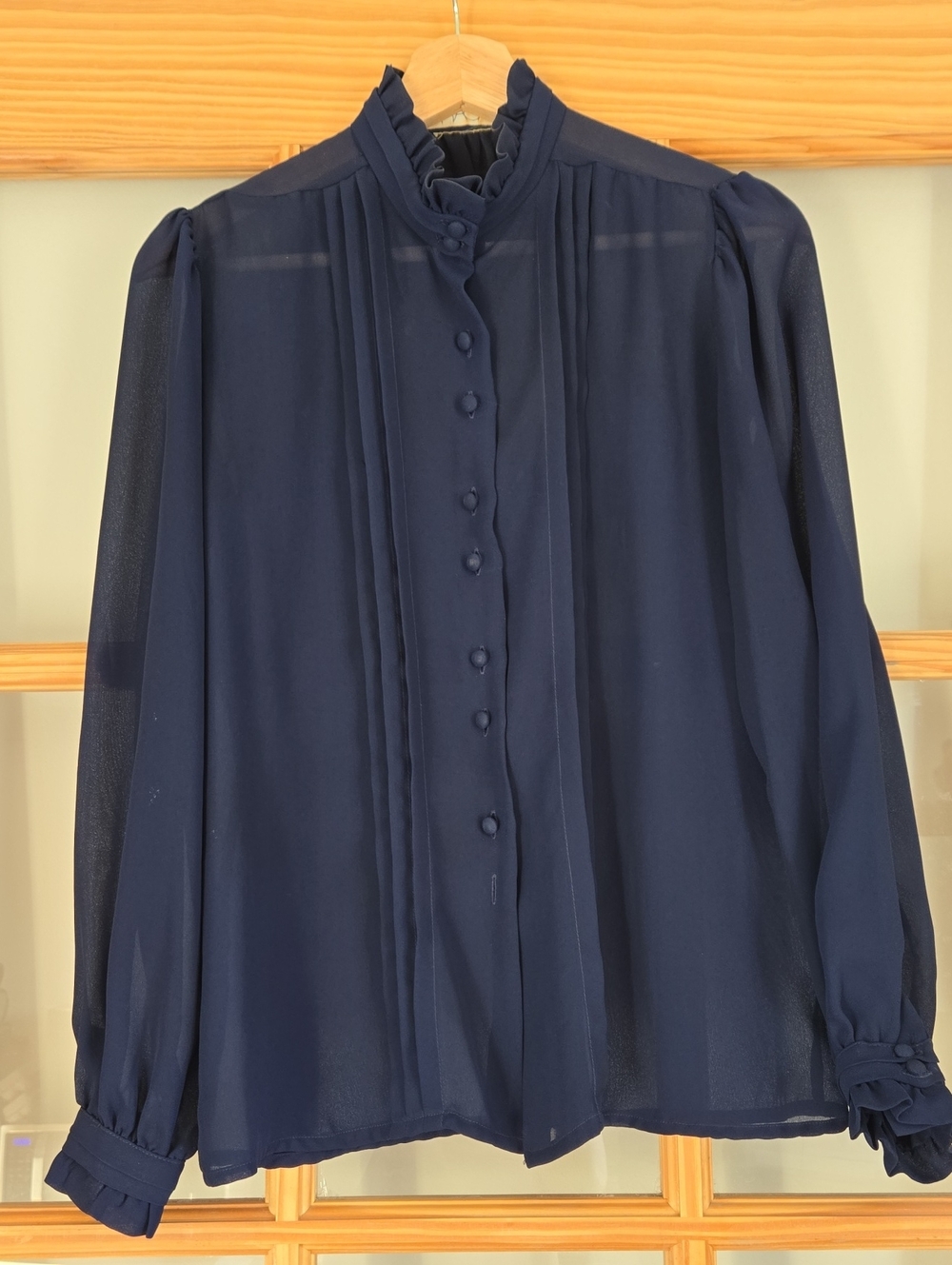 Vintage Sheer Navy Ruffle Collar Blouse - Women Tops Button Up Small 70s 1970